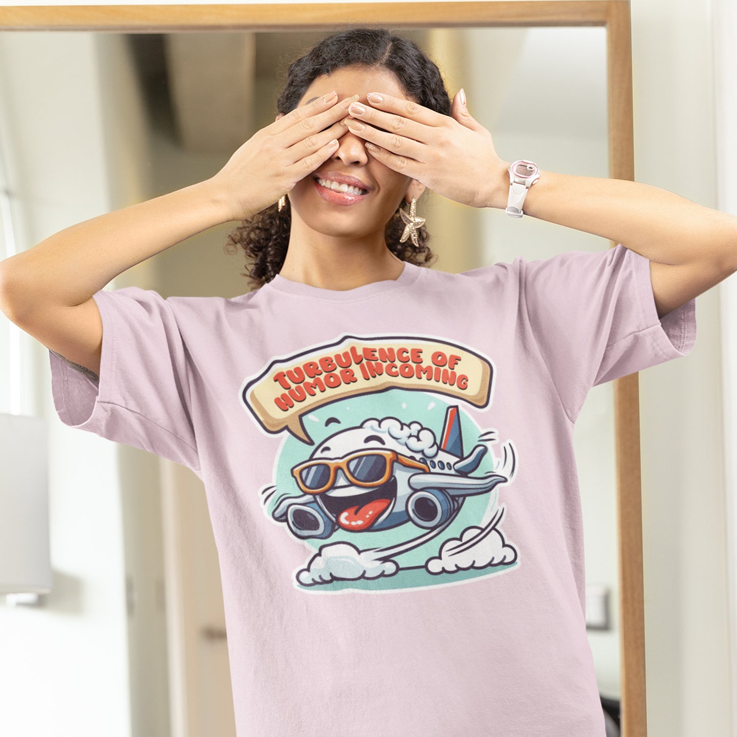 Turbulence of Humor Coming | Flight Landing with Smiling Face & Sunglasses Graphic T-Shirt