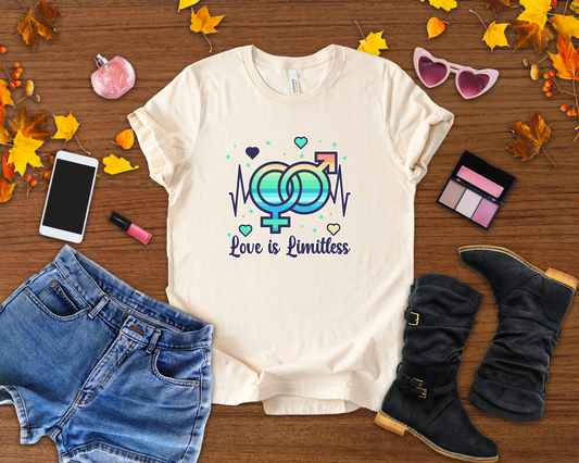 Love Is Limitless – Interconnected Gender Symbols & Heart Graphic T-Shirt