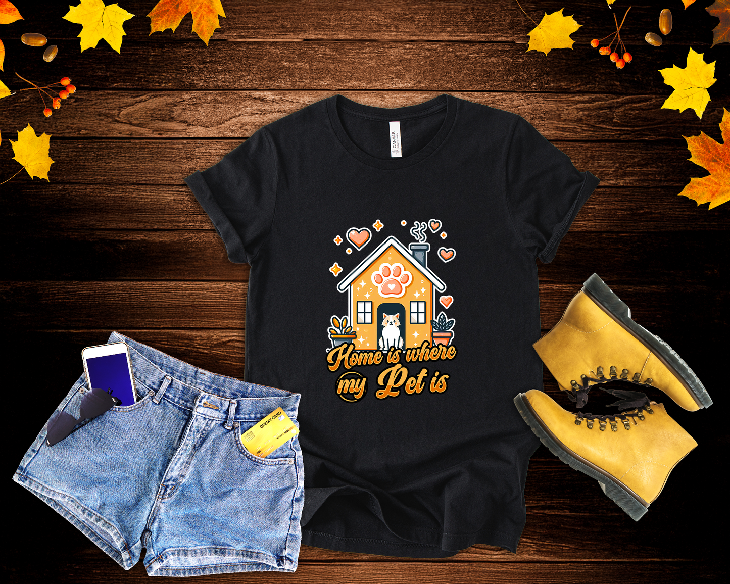 Home is Where My Pet Is | Dog at Dog House with Stars & Hearts T-Shirt