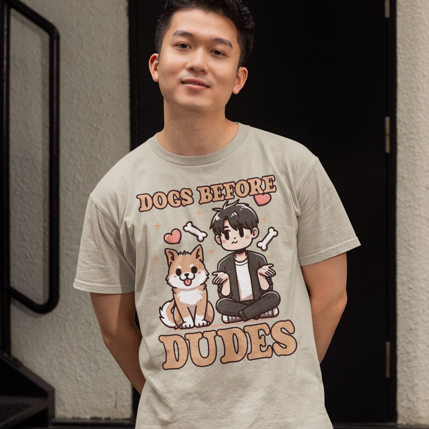 Dogs Before Dudes | Smiling Puppy & Surprised Boy with Hearts, Bones, and Stars T-Shirt