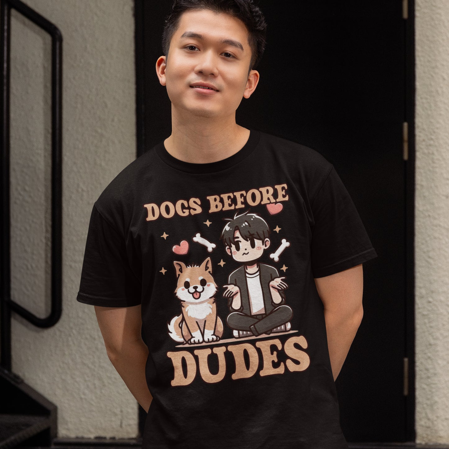 Dogs Before Dudes | Smiling Puppy & Surprised Boy with Hearts, Bones, and Stars T-Shirt