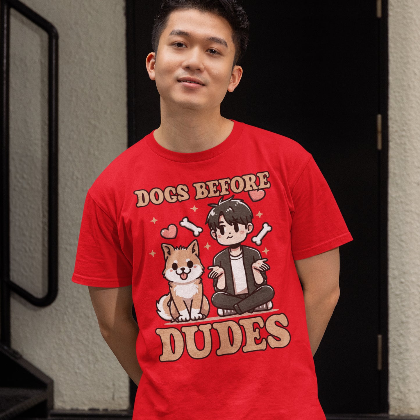 Dogs Before Dudes | Smiling Puppy & Surprised Boy with Hearts, Bones, and Stars T-Shirt