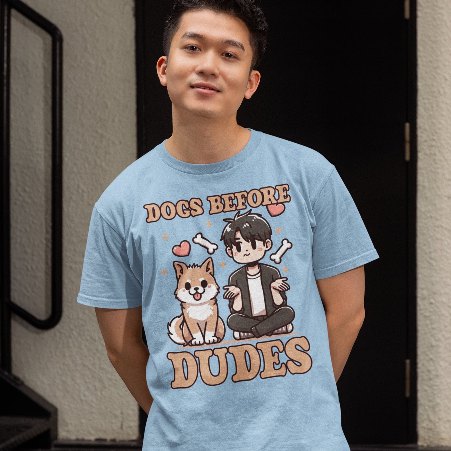 Dogs Before Dudes | Smiling Puppy & Surprised Boy with Hearts, Bones, and Stars T-Shirt
