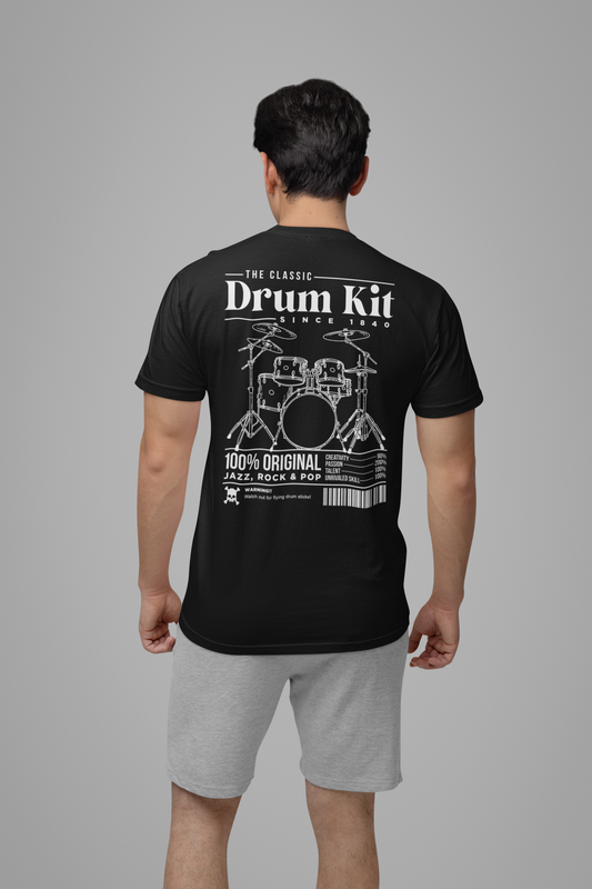 The Classic Drum Kit T-Shirt – Vintage Design with Bold Music Stats & Warning