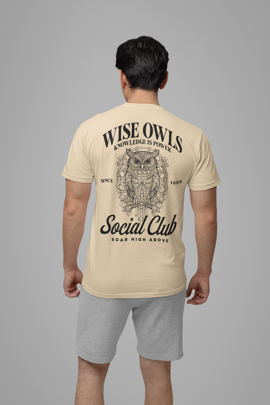 Wise Owl Social Club T-Shirt – Calm Owl on Branch with Empowering Text