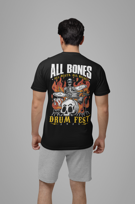 All Bones Drum Fest 2025 T-Shirt – Skeleton Drummer Fiery Rock Design