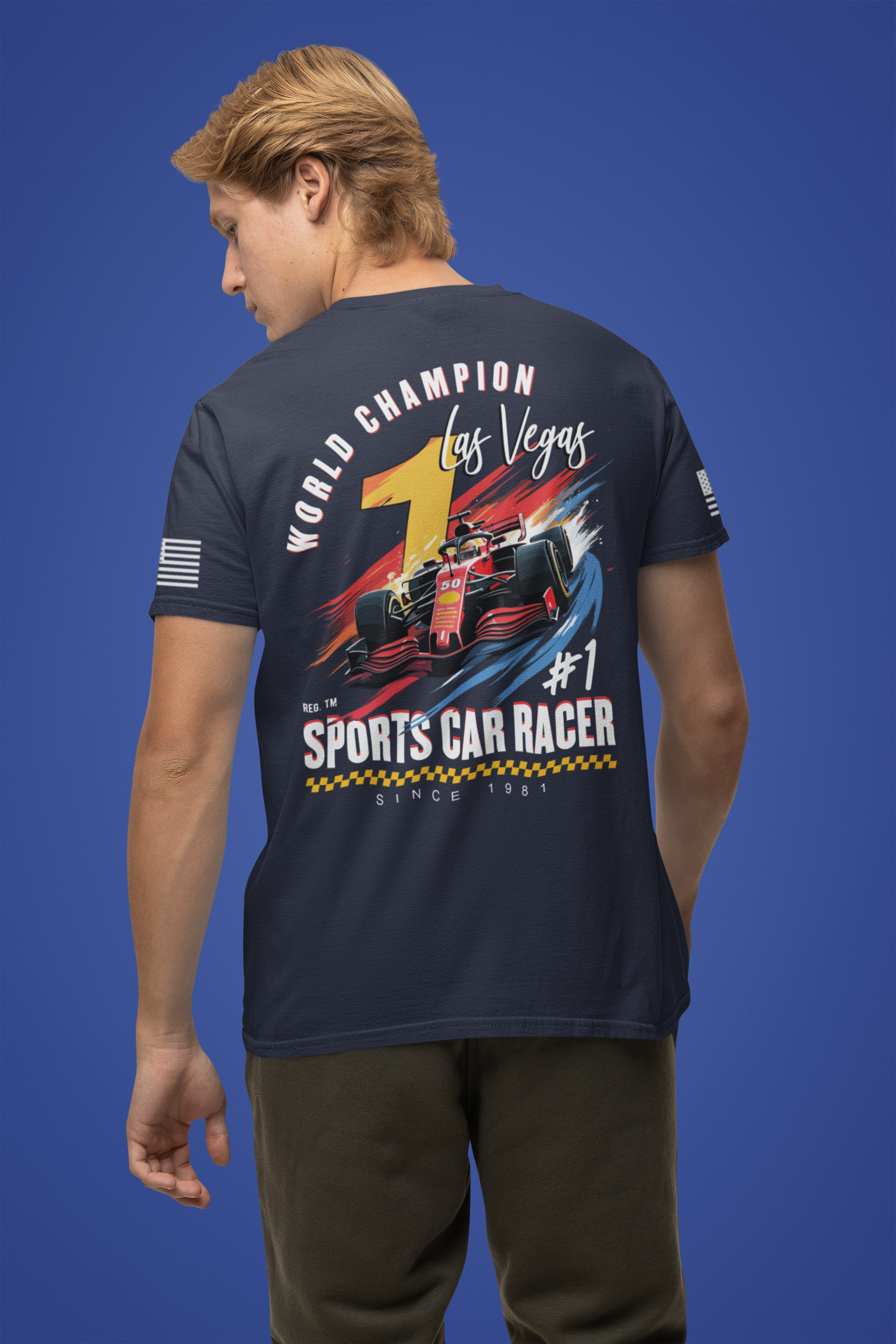 Las Vegas World Champion Sports Car Racer Front & Back T-Shirt – Formula Racing Graphic Tee