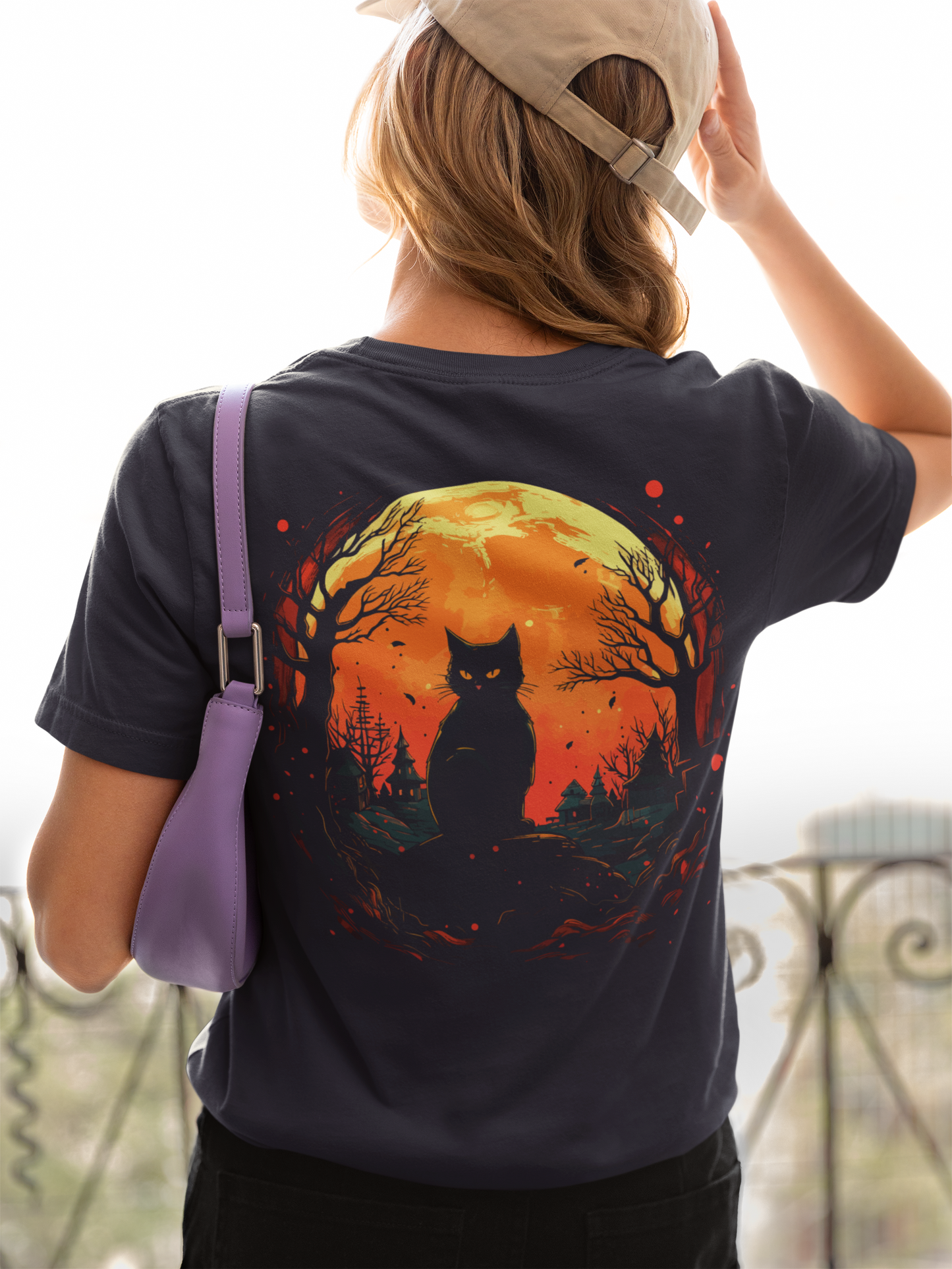 Black Cat Full Harvest Moon Halloween Night T-Shirt