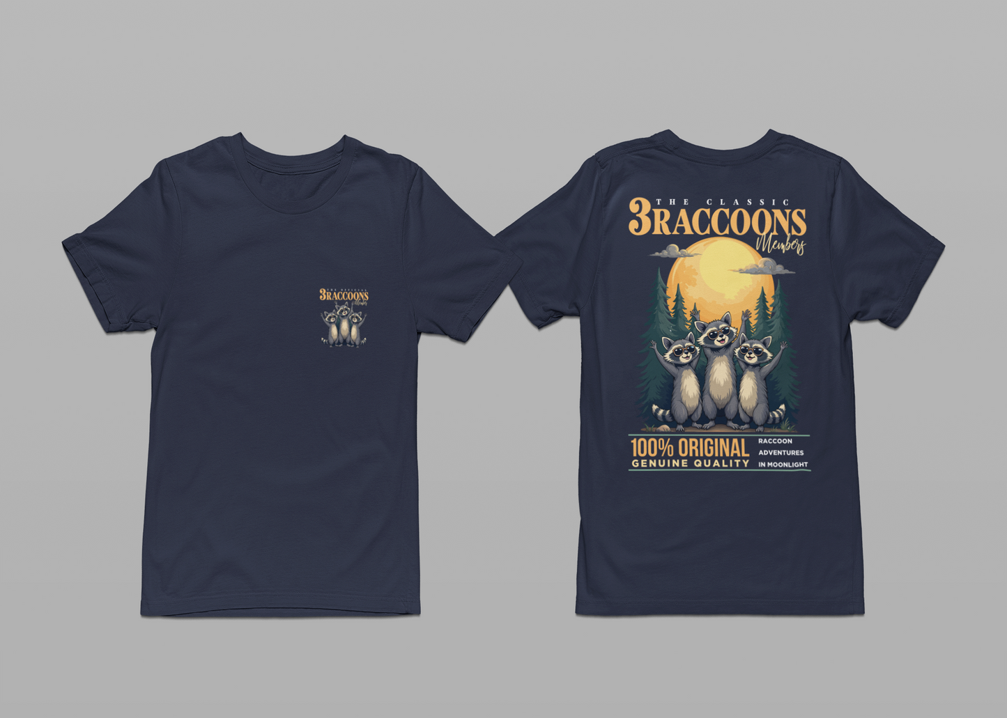 The Classic 3 Raccoons Members T-Shirt – Moonlight Raccoon Adventure Graphic