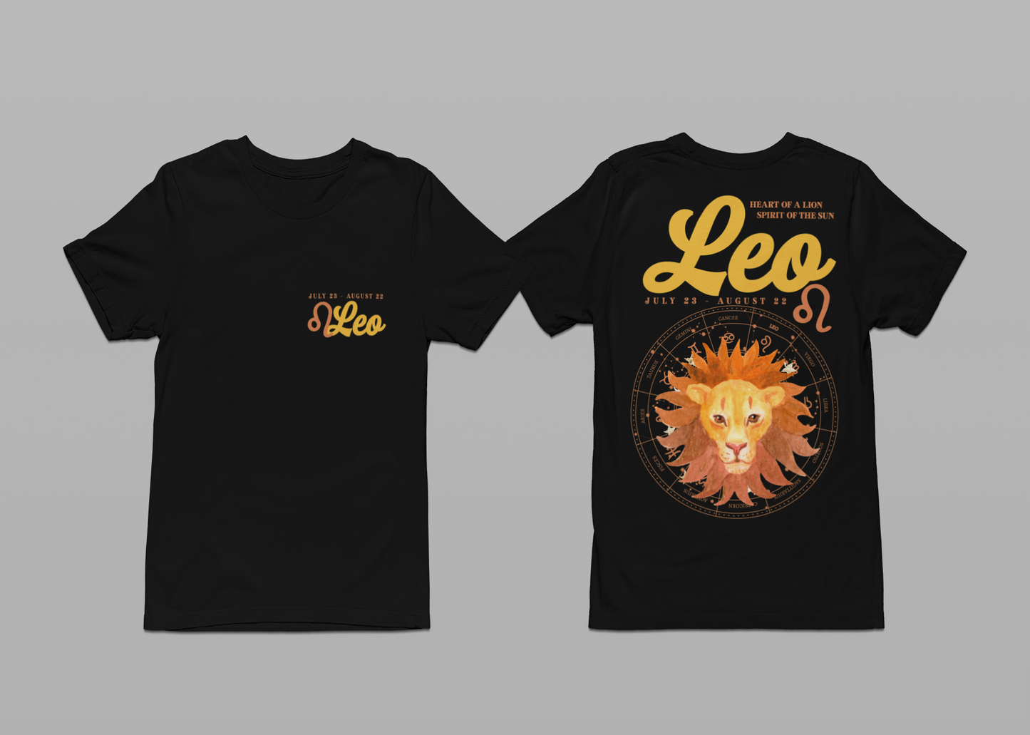 Leo Zodiac T-Shirt – Heart of the Lion, Spirit of the Sun Astrological wheel