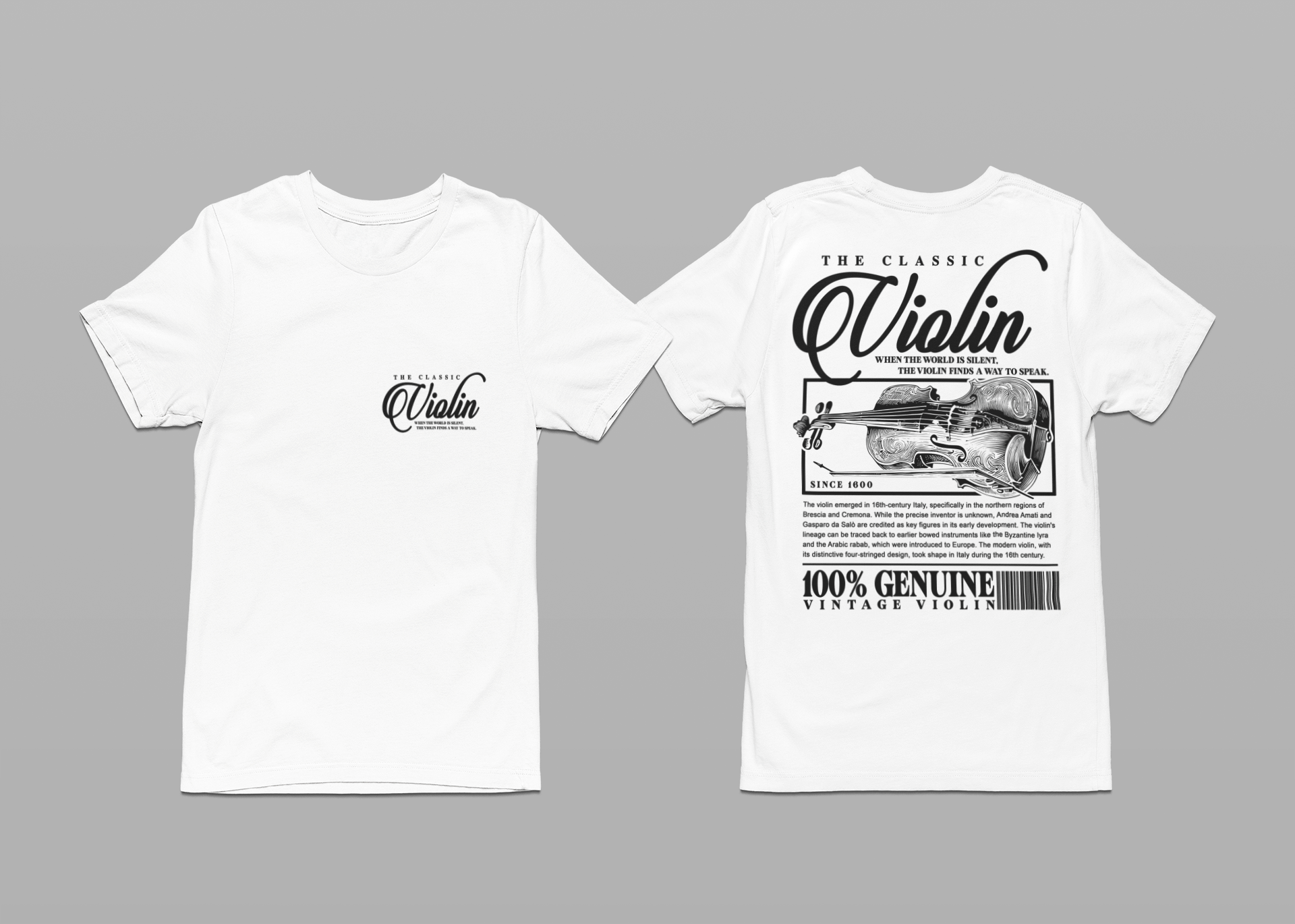 The Classic Violin T-Shirt – Vintage Instrument & 16th Century Story [Black Text]
