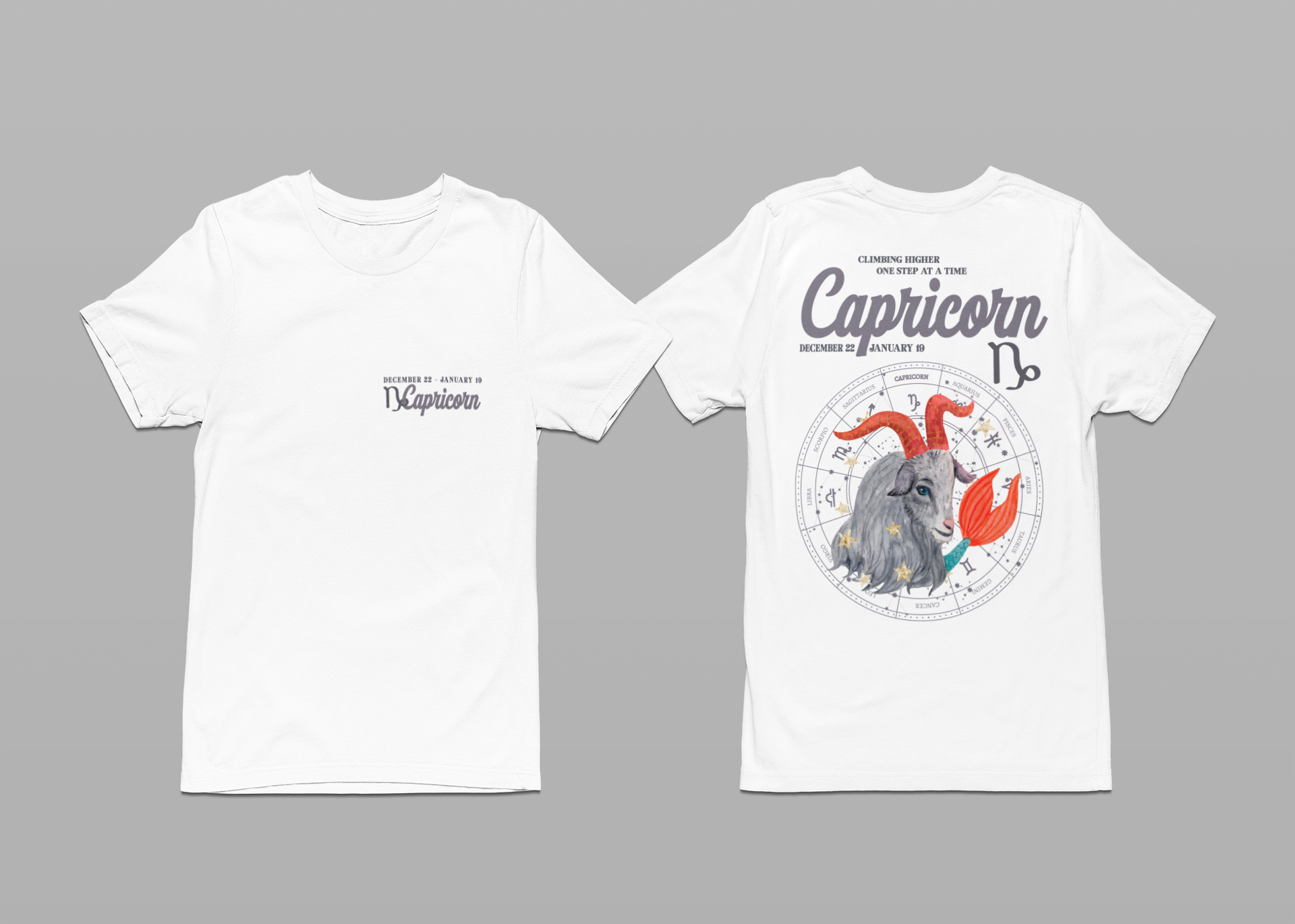 Capricorn Zodiac T-Shirt – Climbing Higher One Step At A Time Astrological wheel