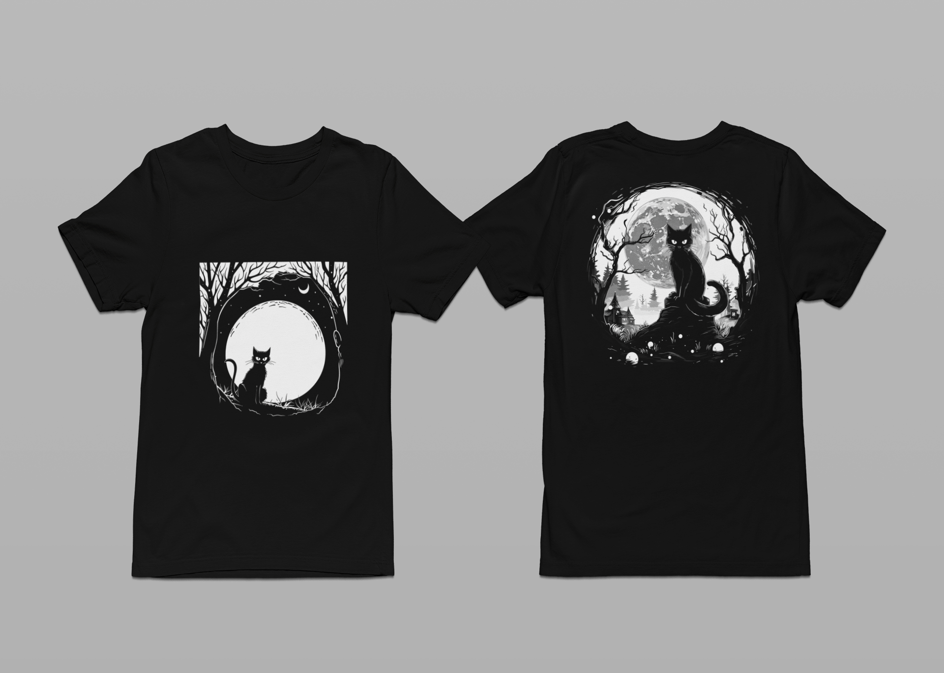 Enchanted Forest Haunted Cat Big Eyes Moonlight T-Shirt