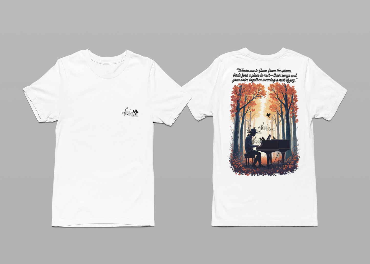 Music & Nature Harmony T-Shirt – Grand Piano in Autumn Forest Scene [Black Text]