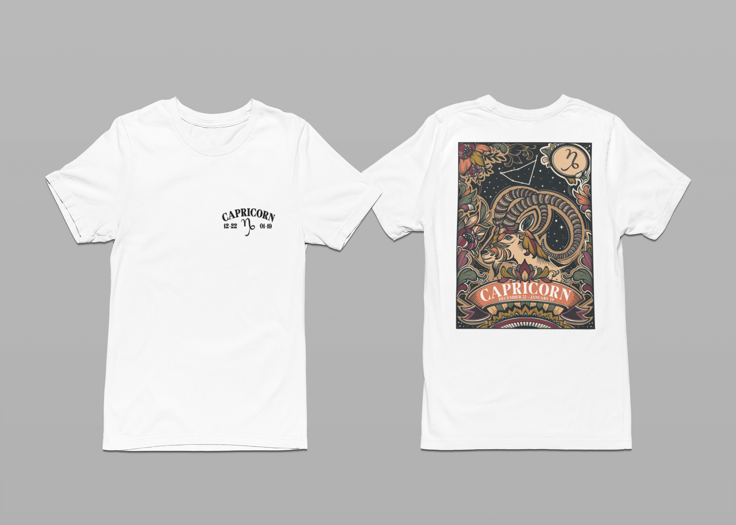 Capricorn Constellation & Floral Zodiac T-Shirt – December 22 to January 19