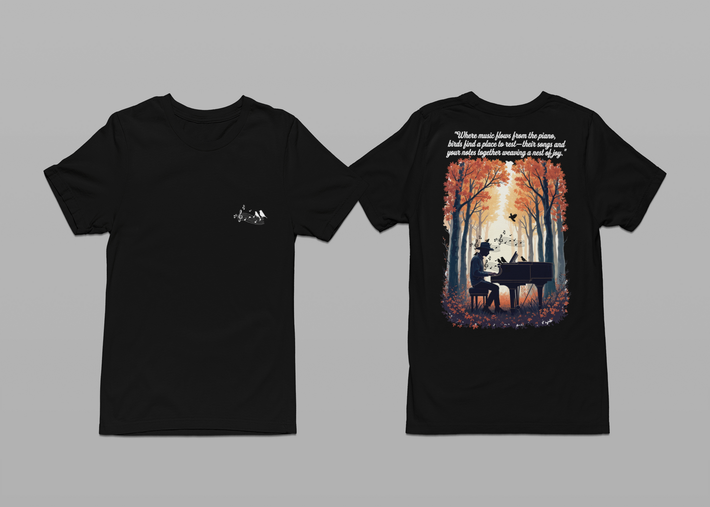 Music & Nature Harmony T-Shirt – Grand Piano in Autumn Forest Scene [White Text]