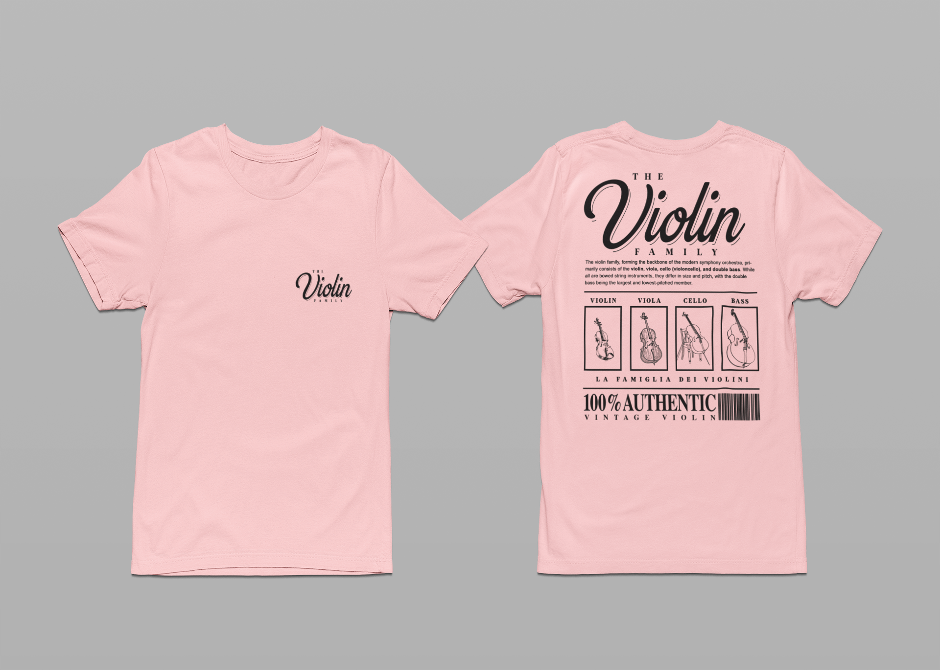 The Violin Family T-Shirt – Illustrated Guide to String Instrument Lineage [Violin, Viola, Cello, Bass]