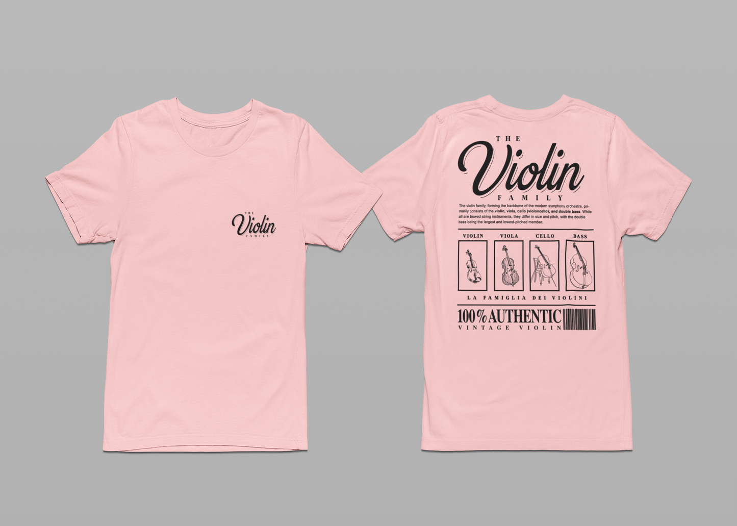 The Violin Family T-Shirt – Illustrated Guide to String Instrument Lineage [Violin, Viola, Cello, Bass]