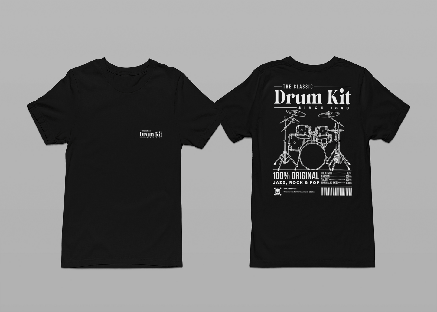 The Classic Drum Kit T-Shirt – Vintage Design with Bold Music Stats & Warning
