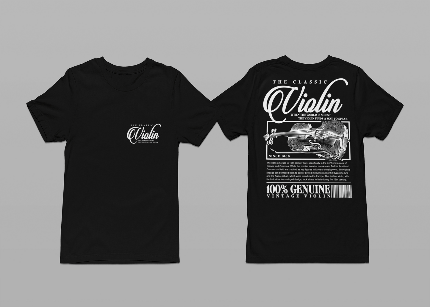 The Classic Violin T-Shirt – Vintage Instrument & 16th Century Story [White Text]