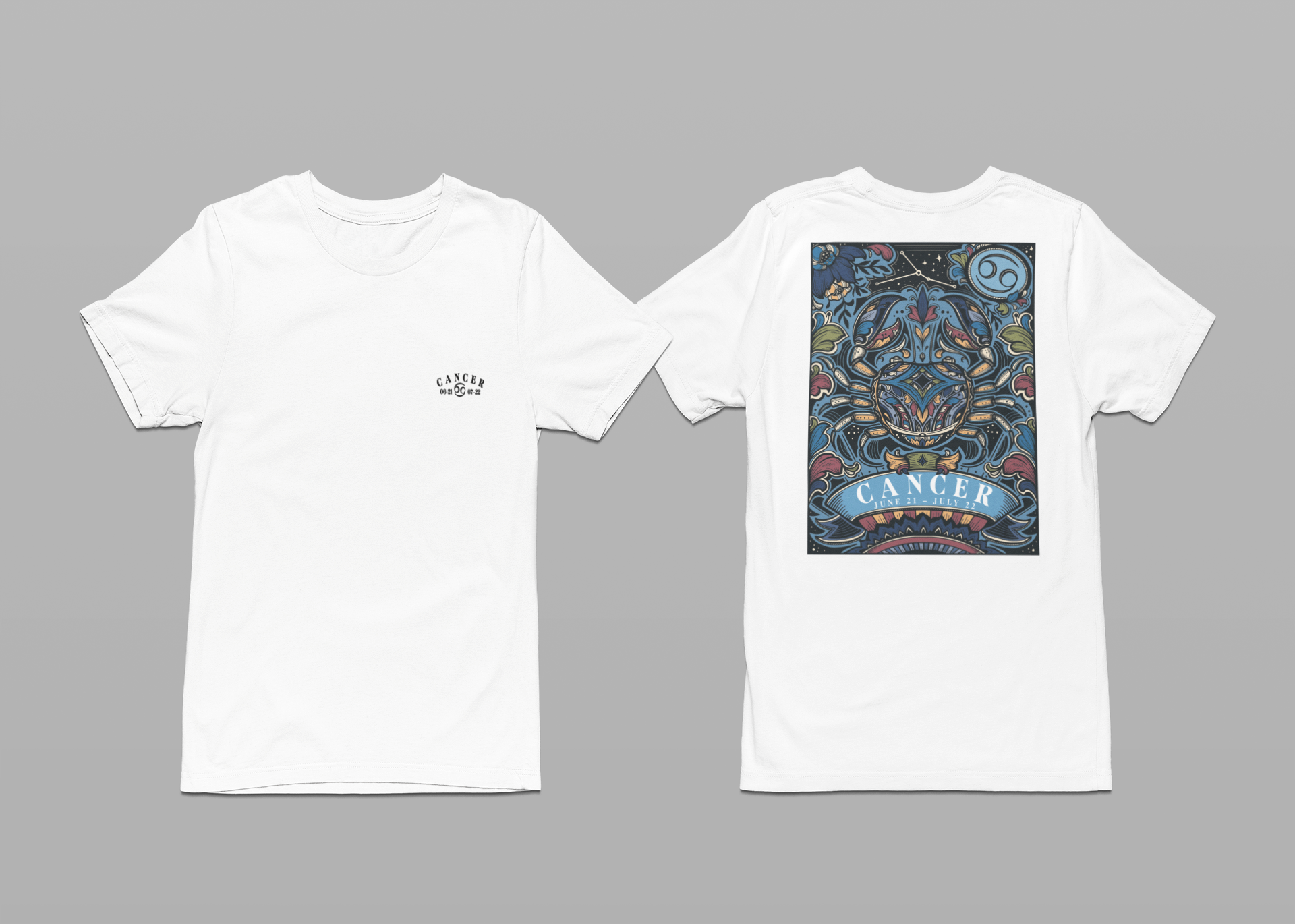 Colorful Cancer Zodiac T-Shirt – Crab with Constellation, Leaves & Flowers