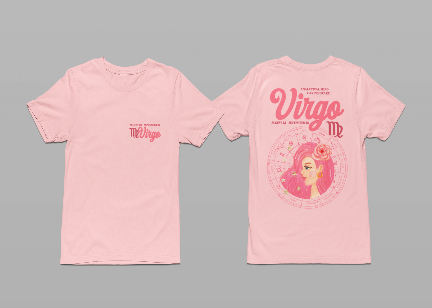 Virgo Zodiac Lady T-Shirt – Analytical Mind Caring Heart Astrological Wheel