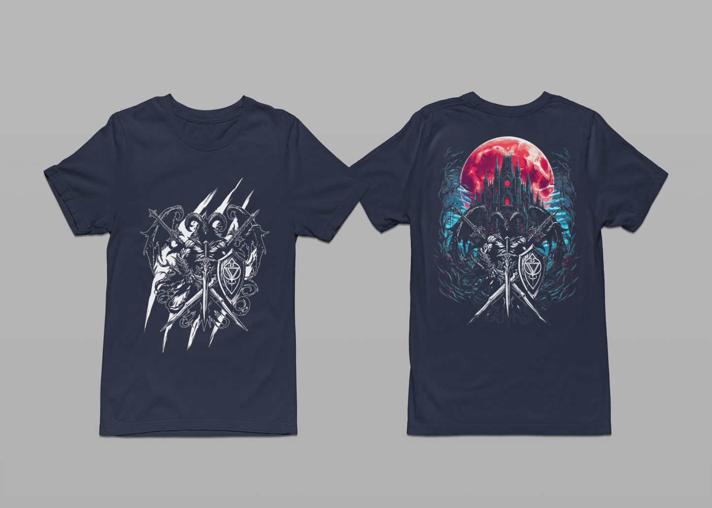 Blood Moon Dark Castle Paladin Swords Fantasy T-Shirt