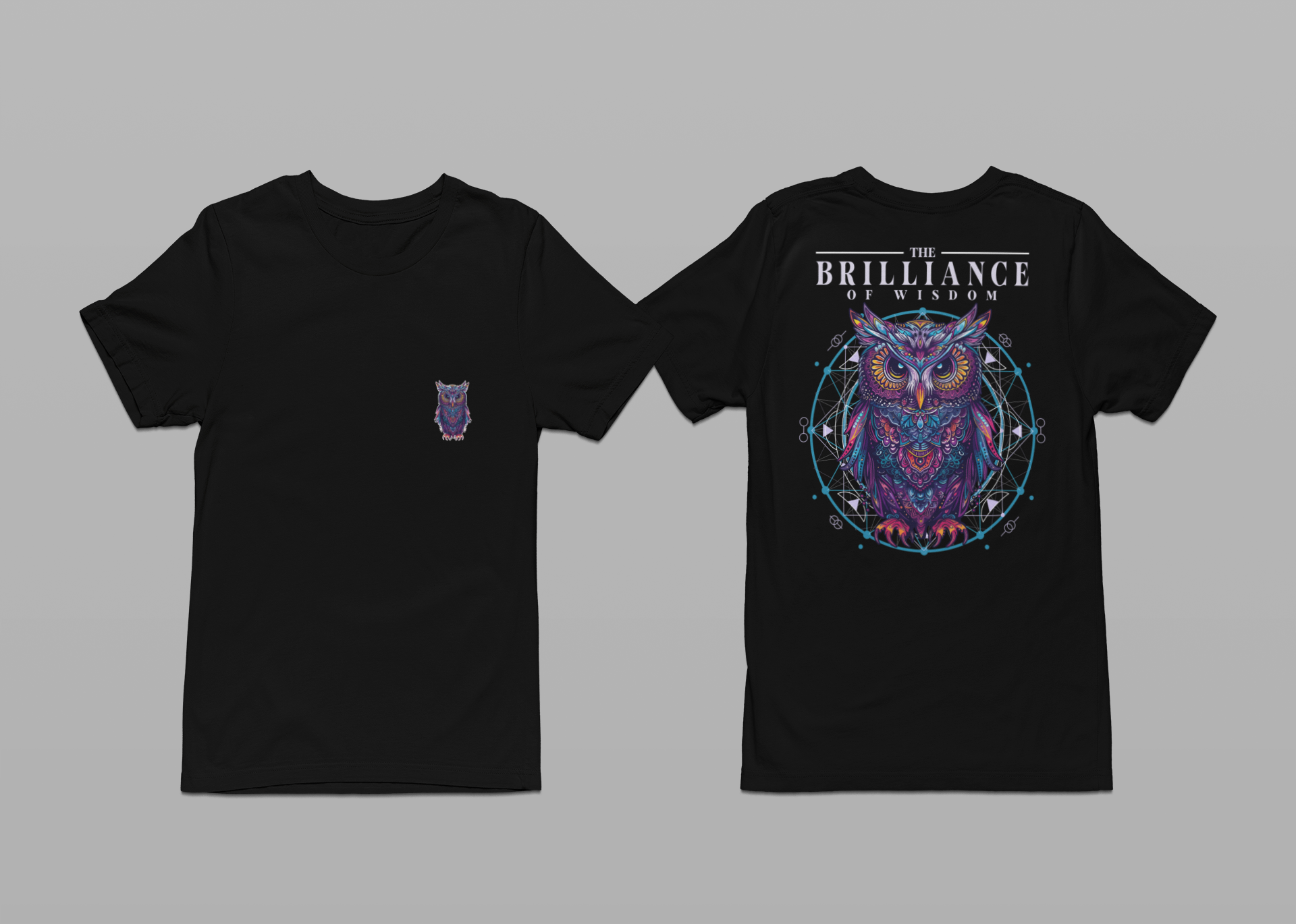 The Brilliance of Wisdom T-Shirt – Vibrant Owl with Geometric Art