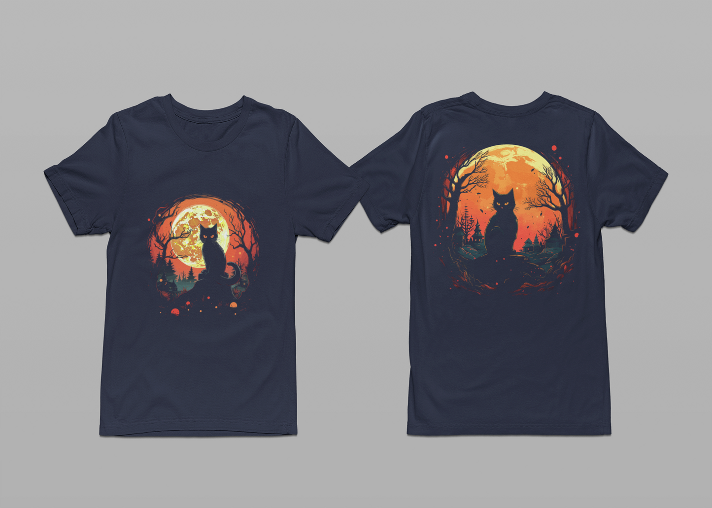 Black Cat Full Harvest Moon Halloween Night T-Shirt