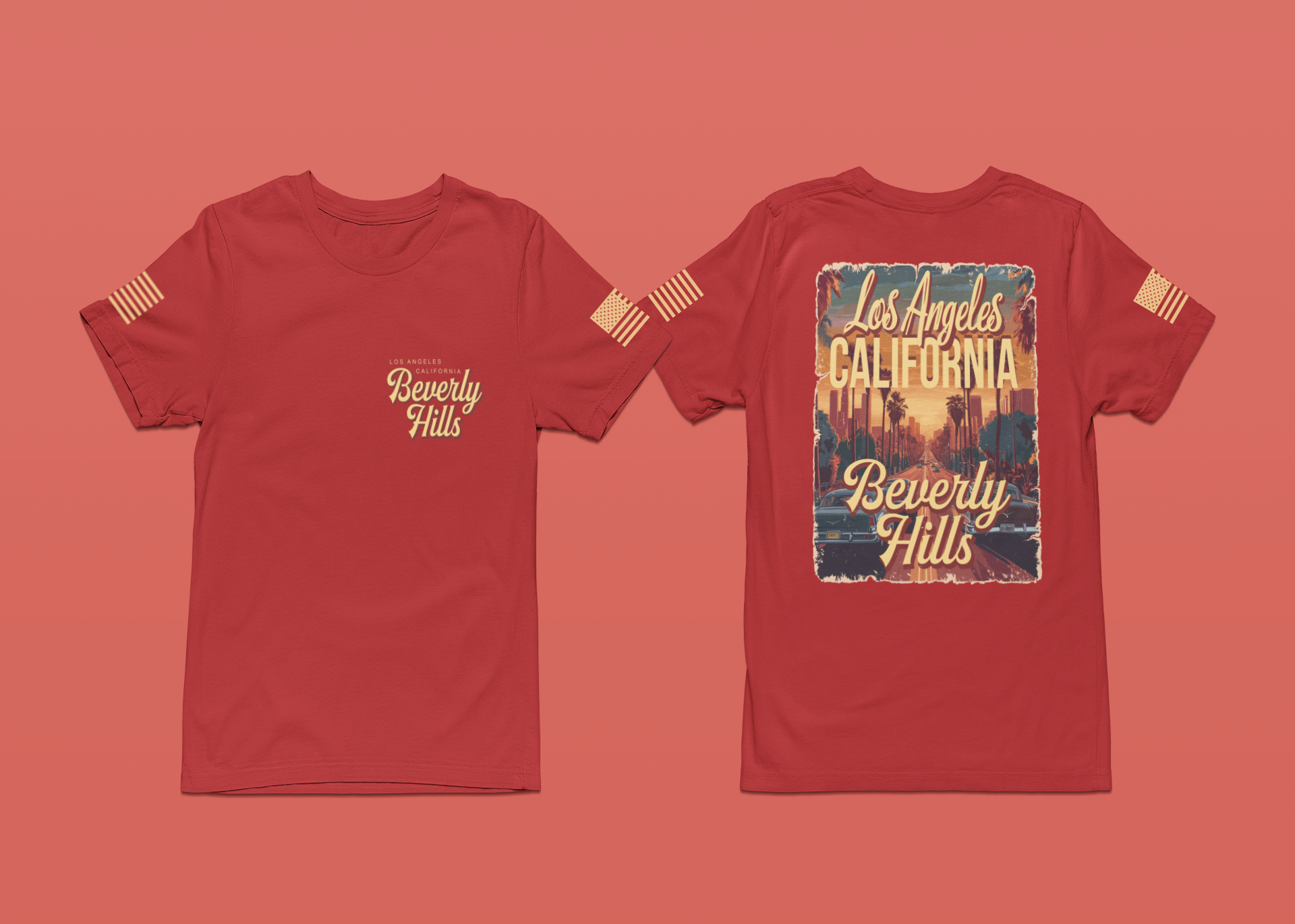 Beverly Hills Los Angeles California Front & Back T-Shirt – Vintage Classic Car Street Scene Tee