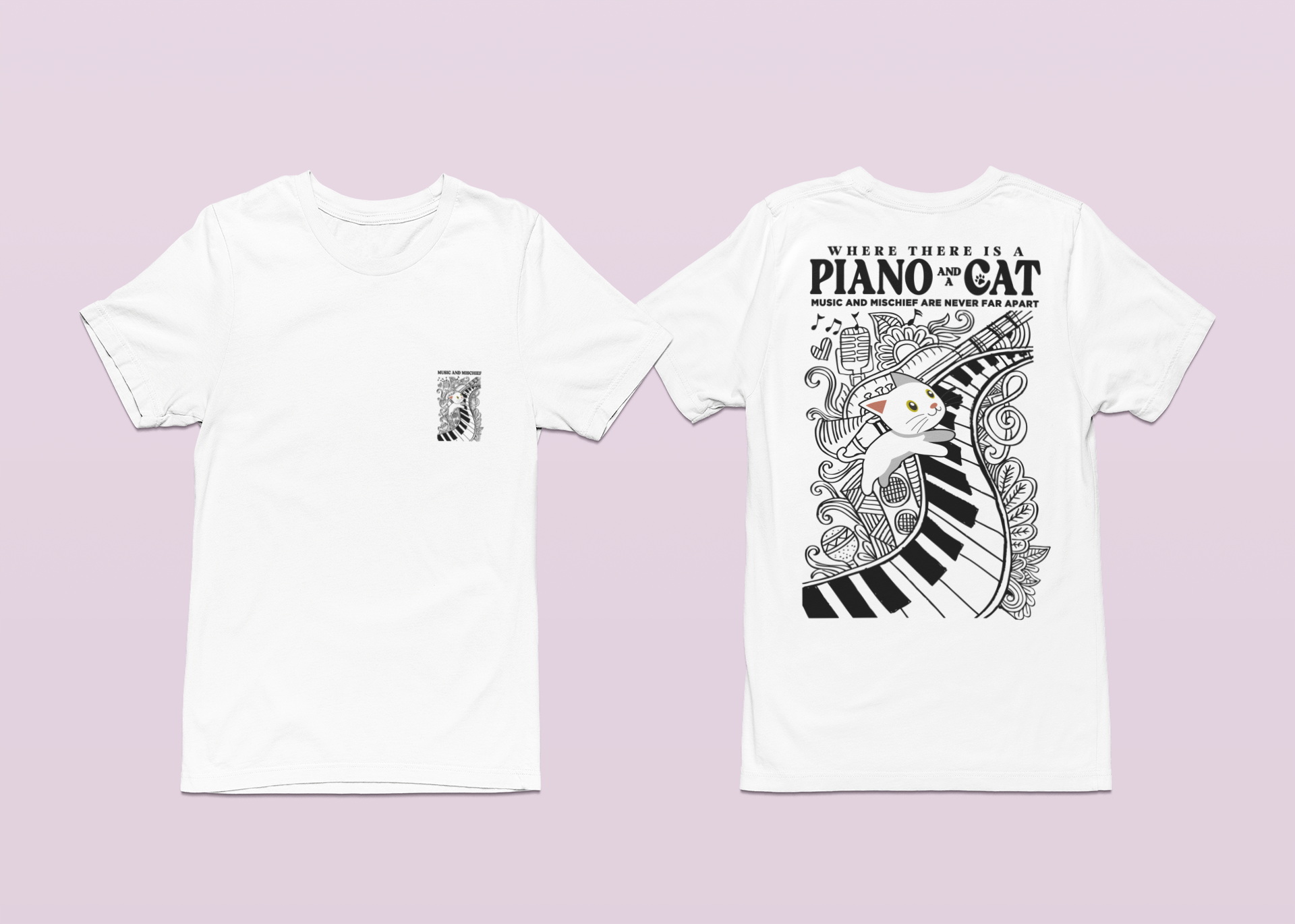 Music and Mischief T-Shirt – Piano and Playful Cat Graphic