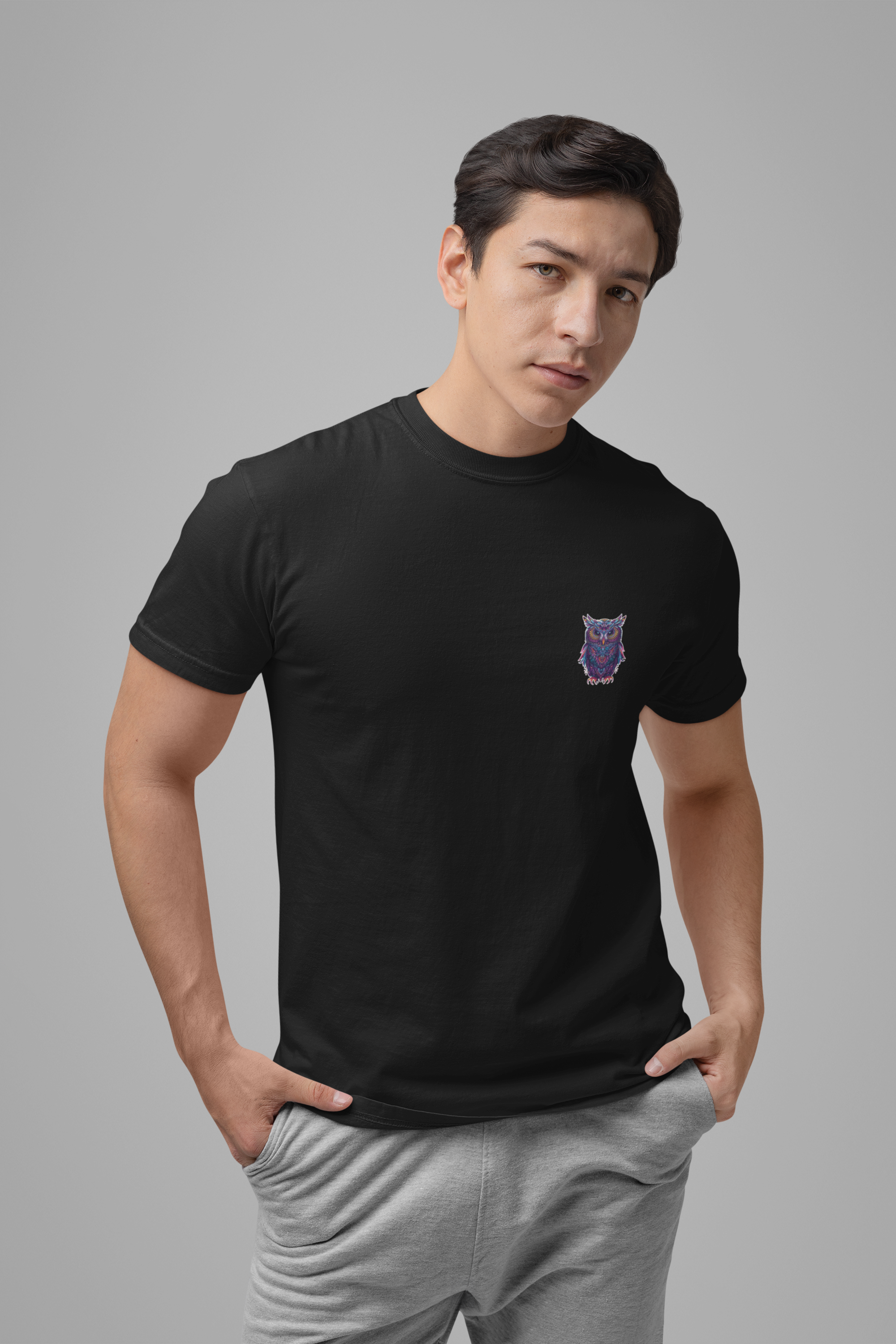 The Brilliance of Wisdom T-Shirt – Vibrant Owl with Geometric Art