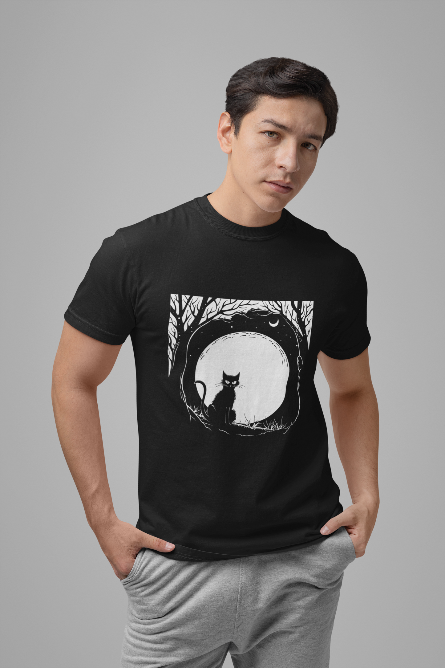 Enchanted Forest Haunted Cat Big Eyes Moonlight T-Shirt