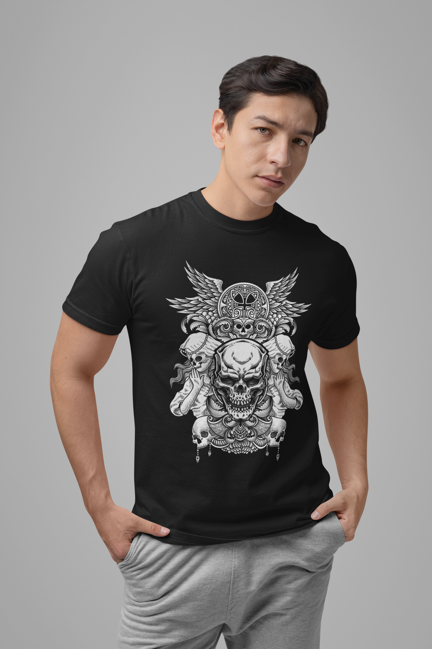 Gothic Winged Skull Ornamental Horror T-Shirt
