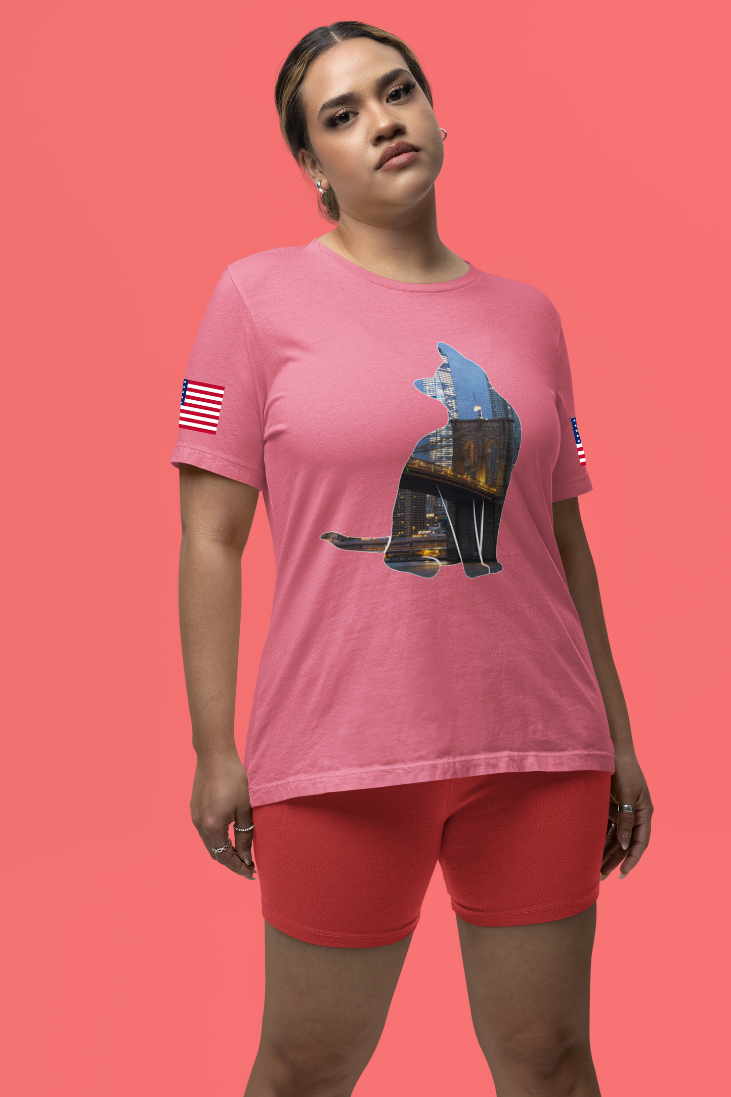 NYC Cat Silhouette T-Shirt - New York City Skyline in Cat Shape Brooklyn Bridge Design