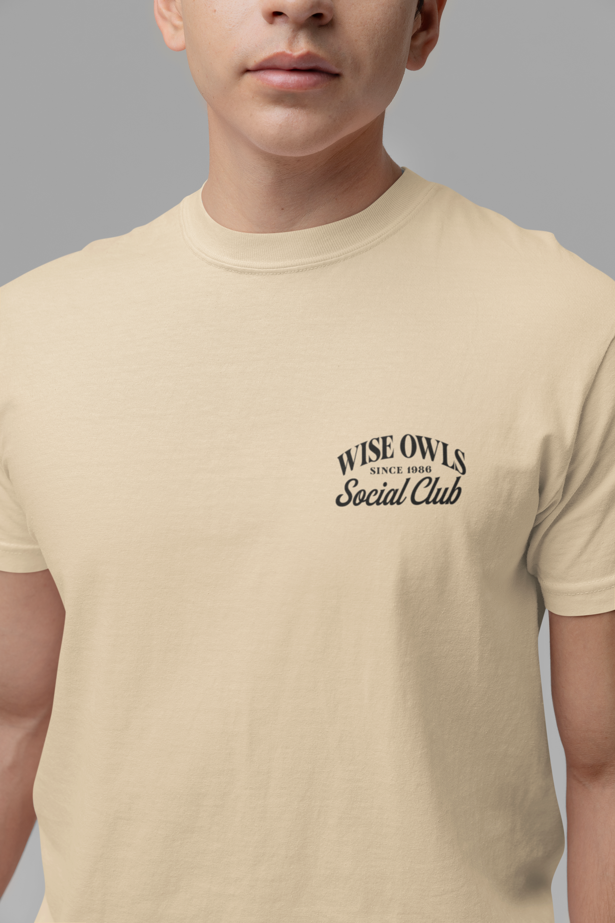 Wise Owl Social Club T-Shirt – Calm Owl on Branch with Empowering Text