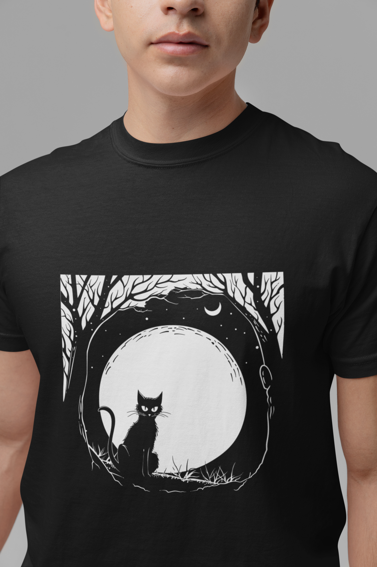 Enchanted Forest Haunted Cat Big Eyes Moonlight T-Shirt