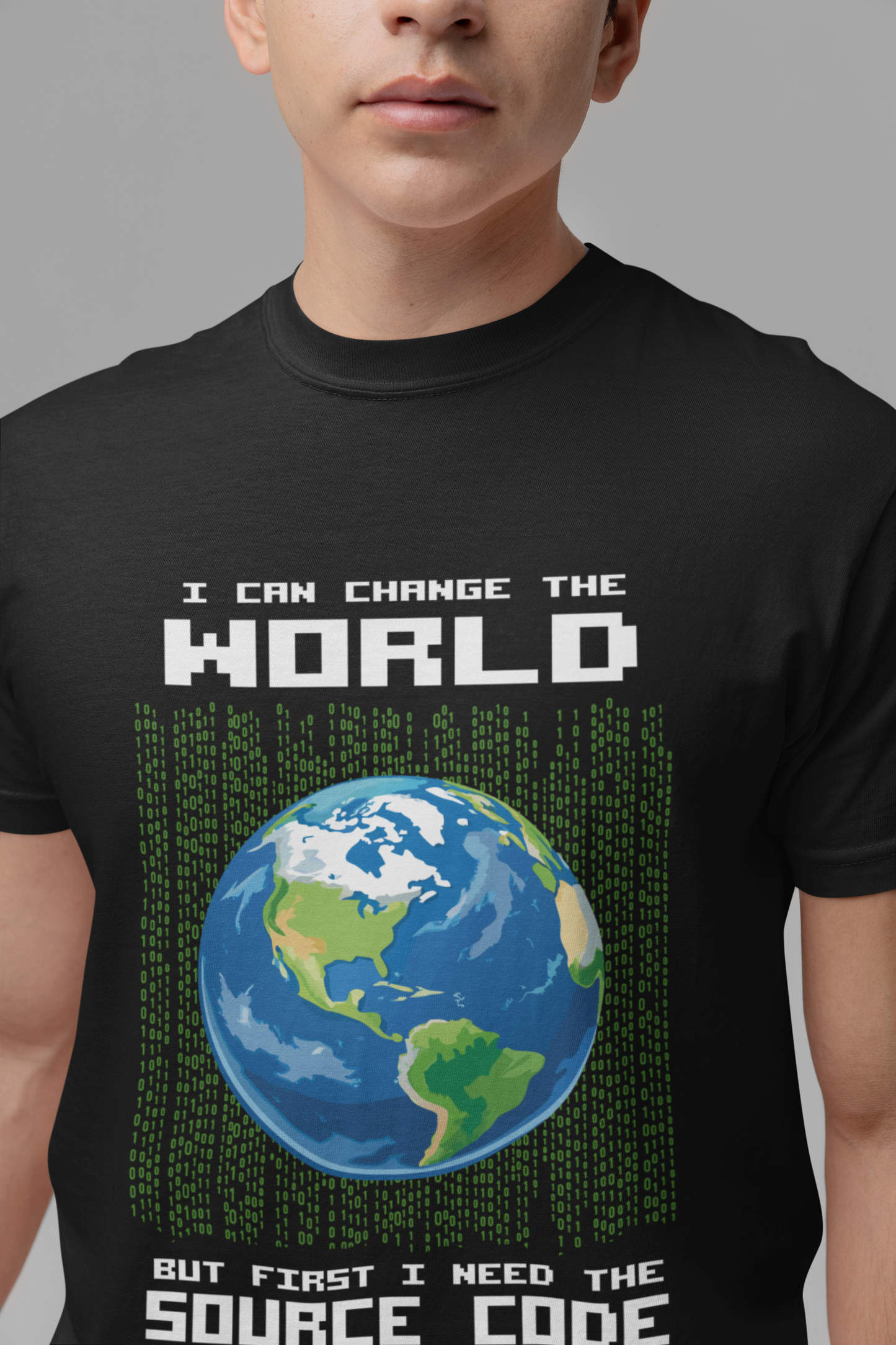 Change the World Source Code Earth Tshirt – Binary Globe for Coders