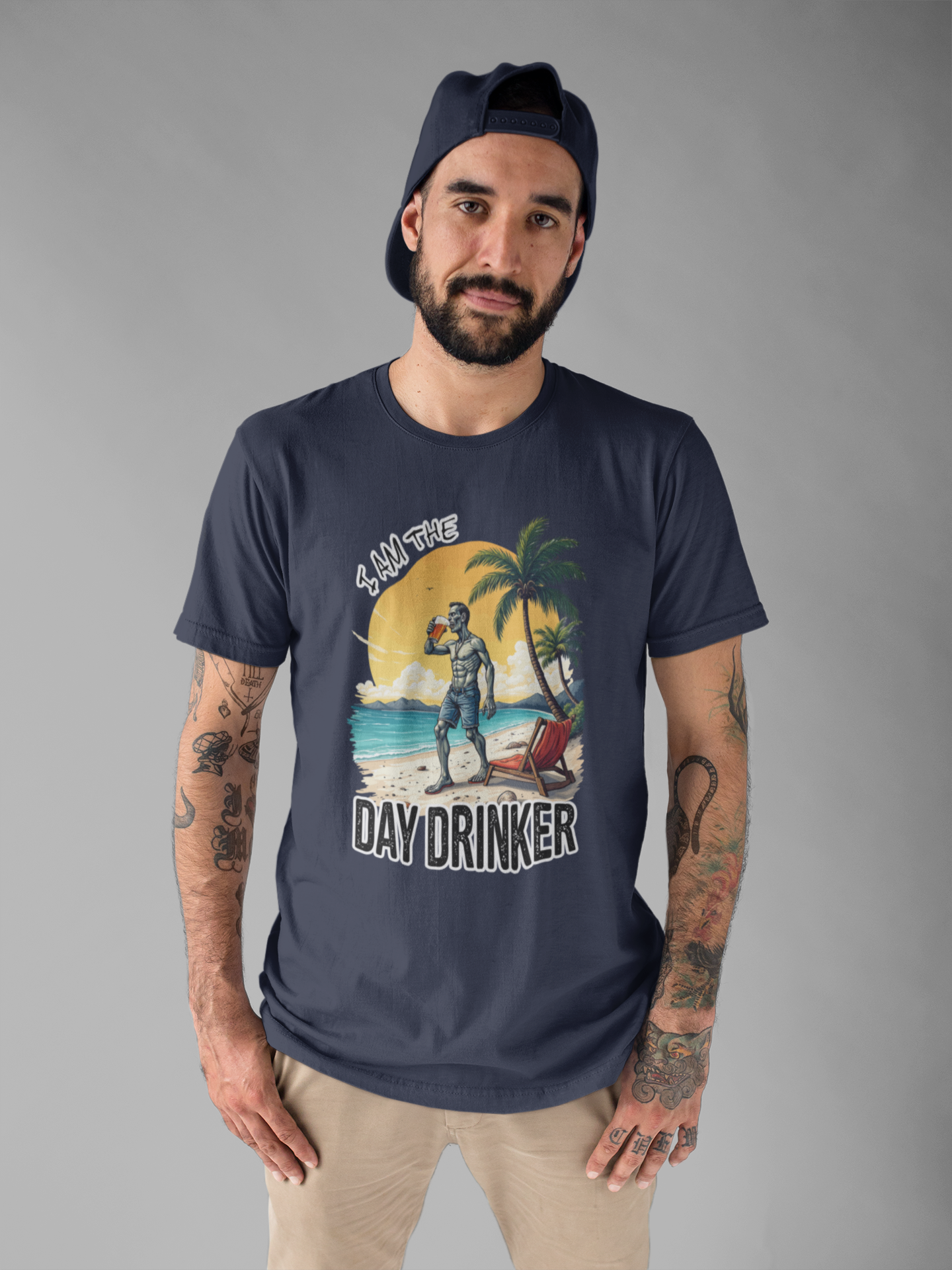 I am the Day Drinker Tshirt Zombie Beach Man with Beer, Shorts, Flip Flop & Reclining Chair