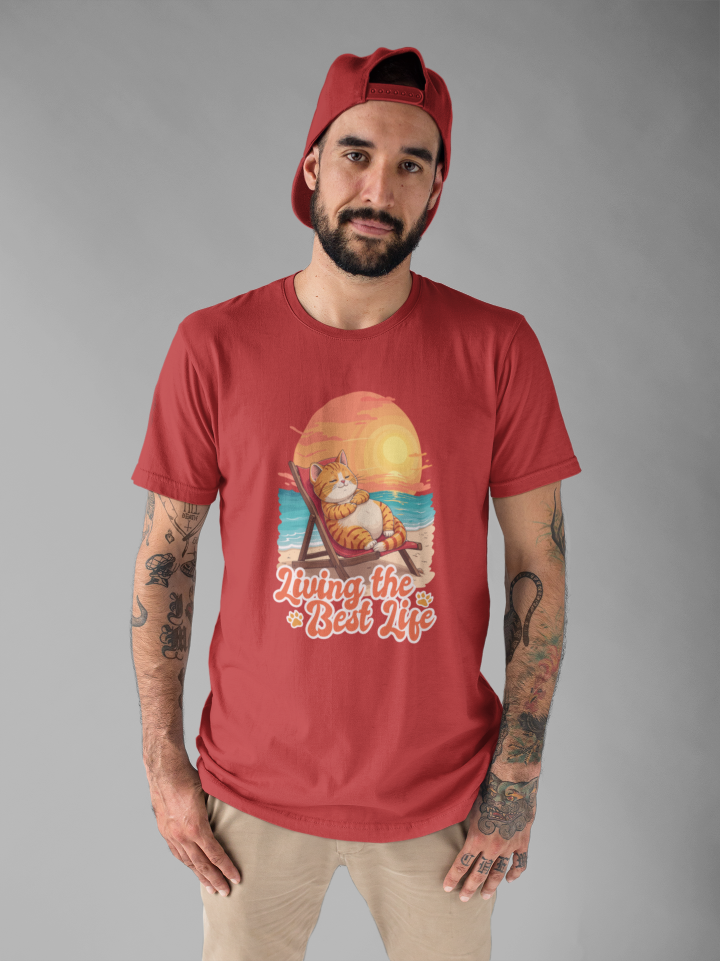 Lazy Life- Living the Best Life – Fat Cat Reclining Chair Beach Sunset Graphic T-Shirt