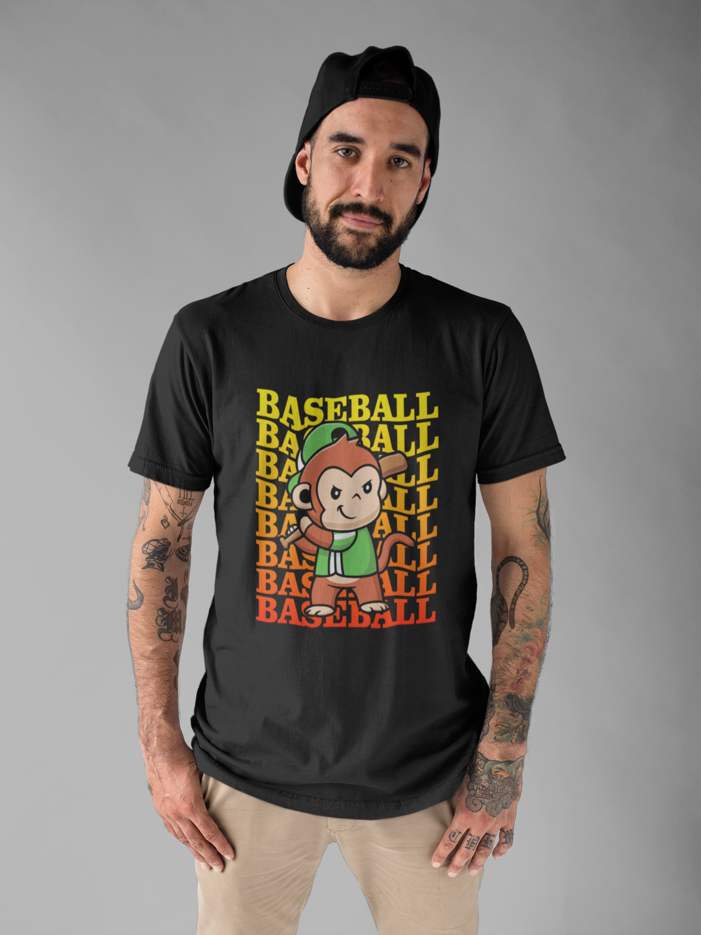 Baseball tshirt - Baseball Monkey Player Tshirt Large Graphic Monkey Baseball Player with Baseball Text Background