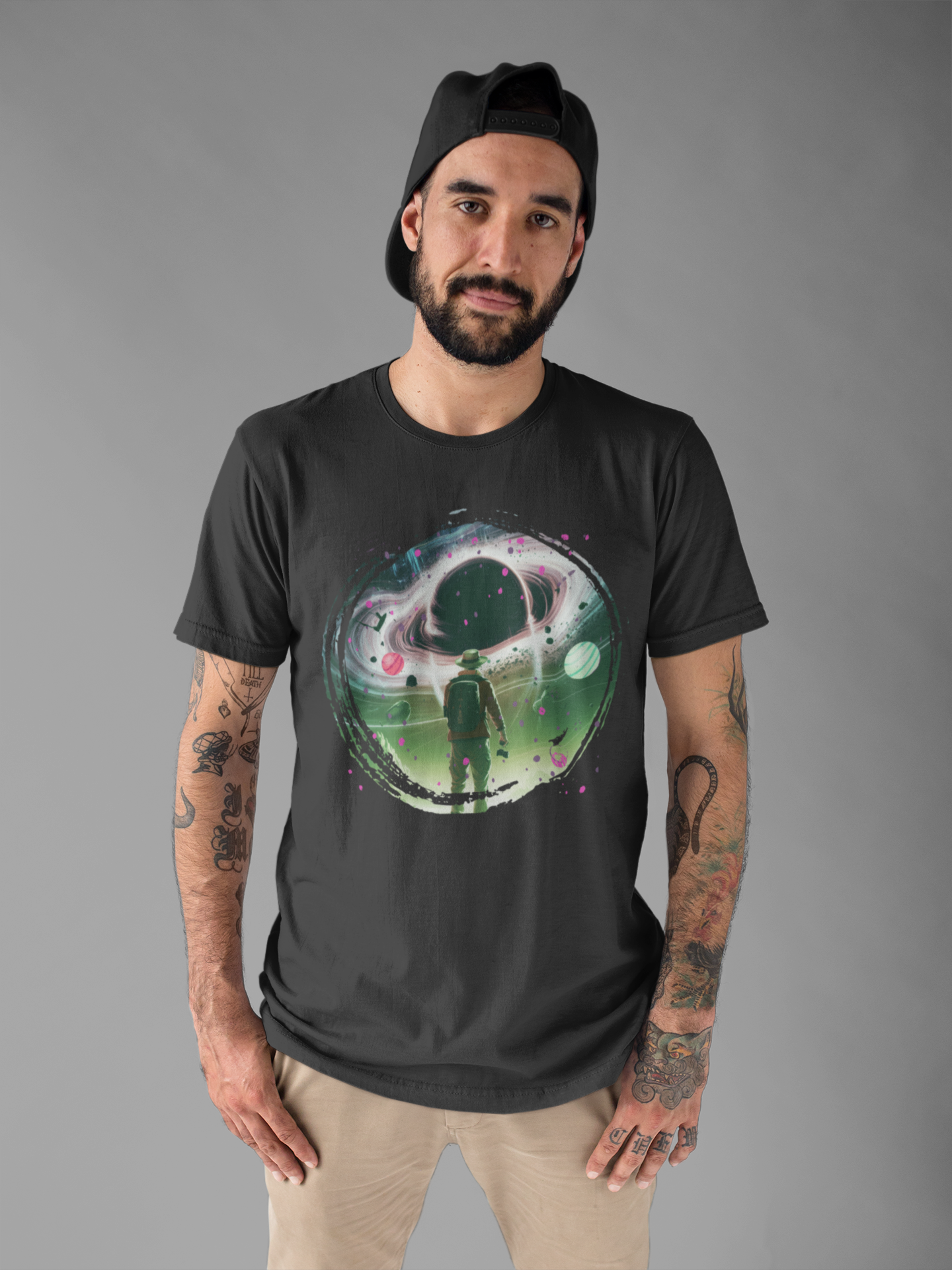 Shocked Traveler & Dramatic Planets | Backpacker Gazing at Planets Graphic T-Shirt