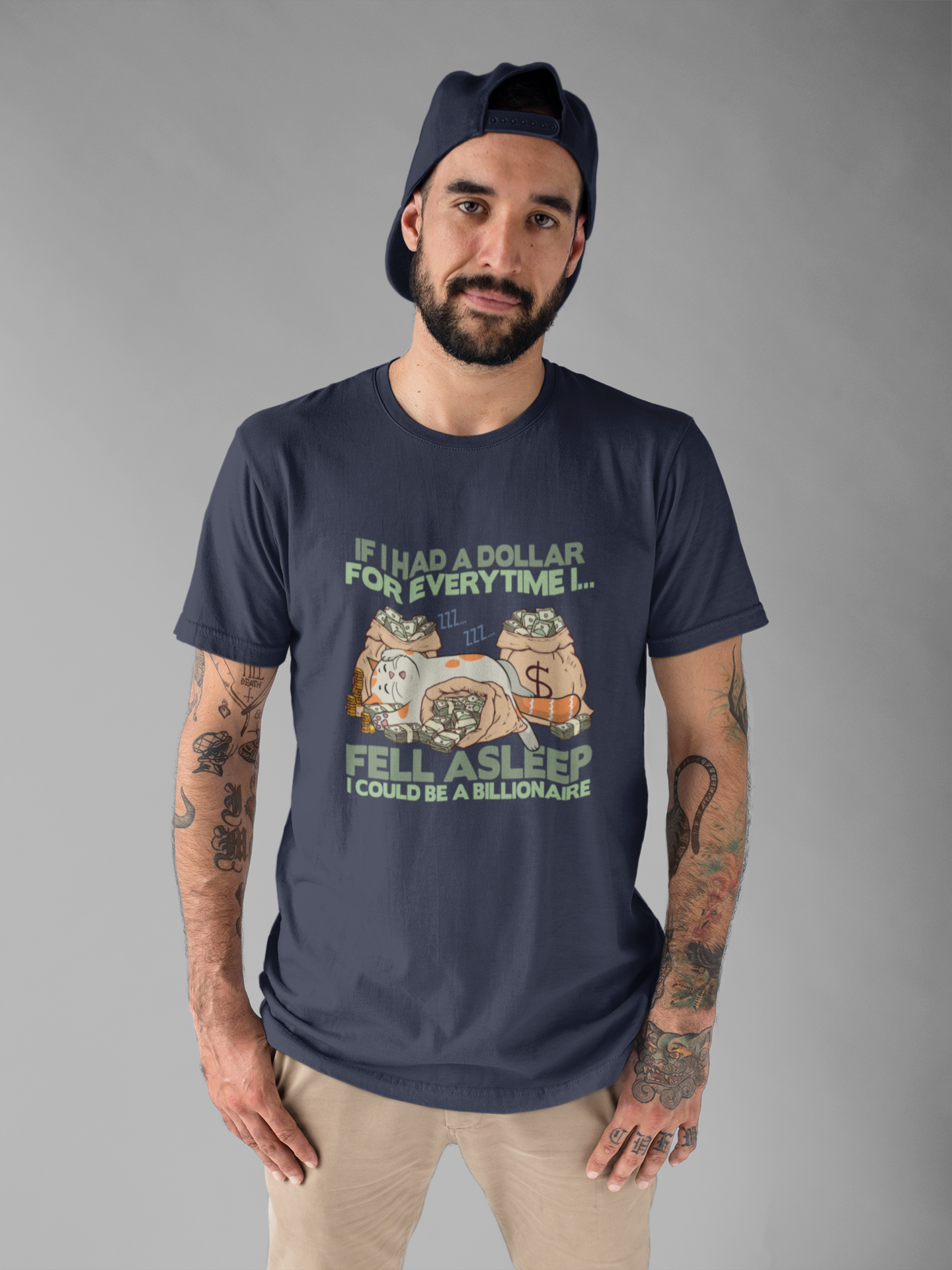 Dollar For Every Time I Fell Asleep I Could Be A Billionaire T-Shirt – Cat Sleeping On Bags Of Cash Graphic Tee
