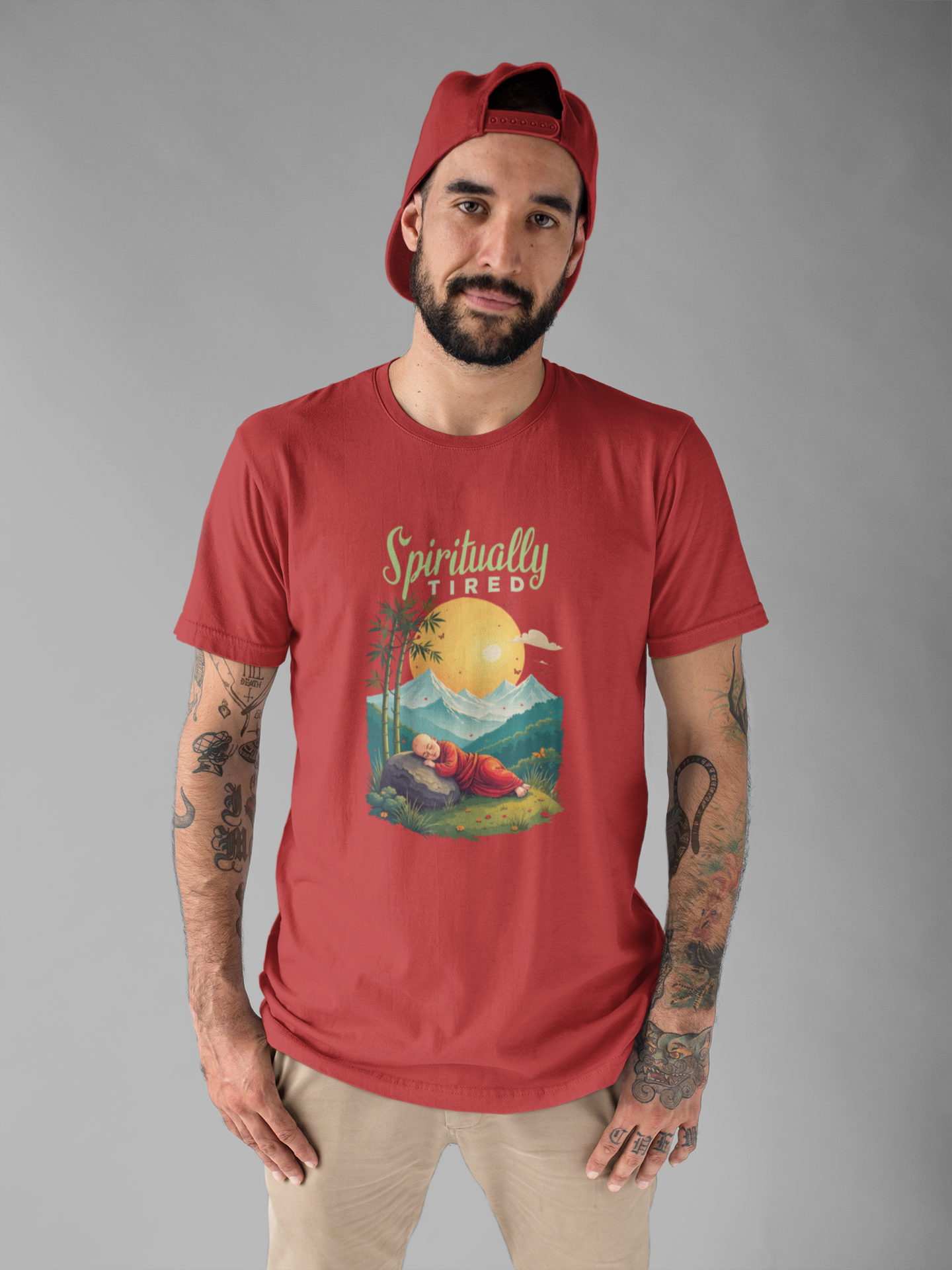 Spiritually Tired – Sleeping Monk Boy in Sunrise Nature Graphic T-Shirt