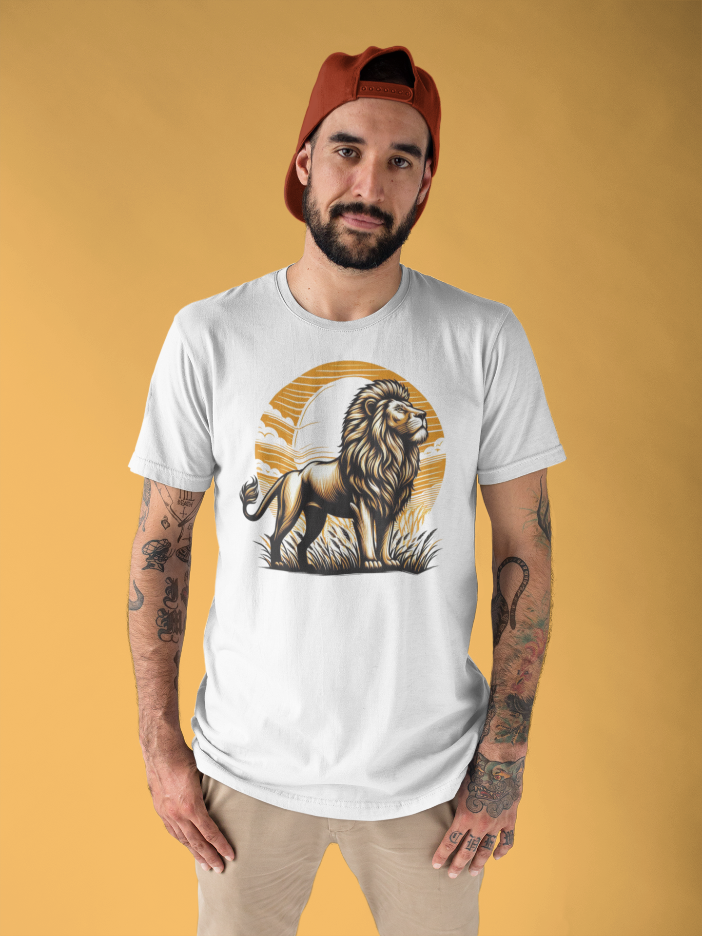 King of the Wild Majestic Male Lion Watching Territory with Sunrise Graphic T-Shirt