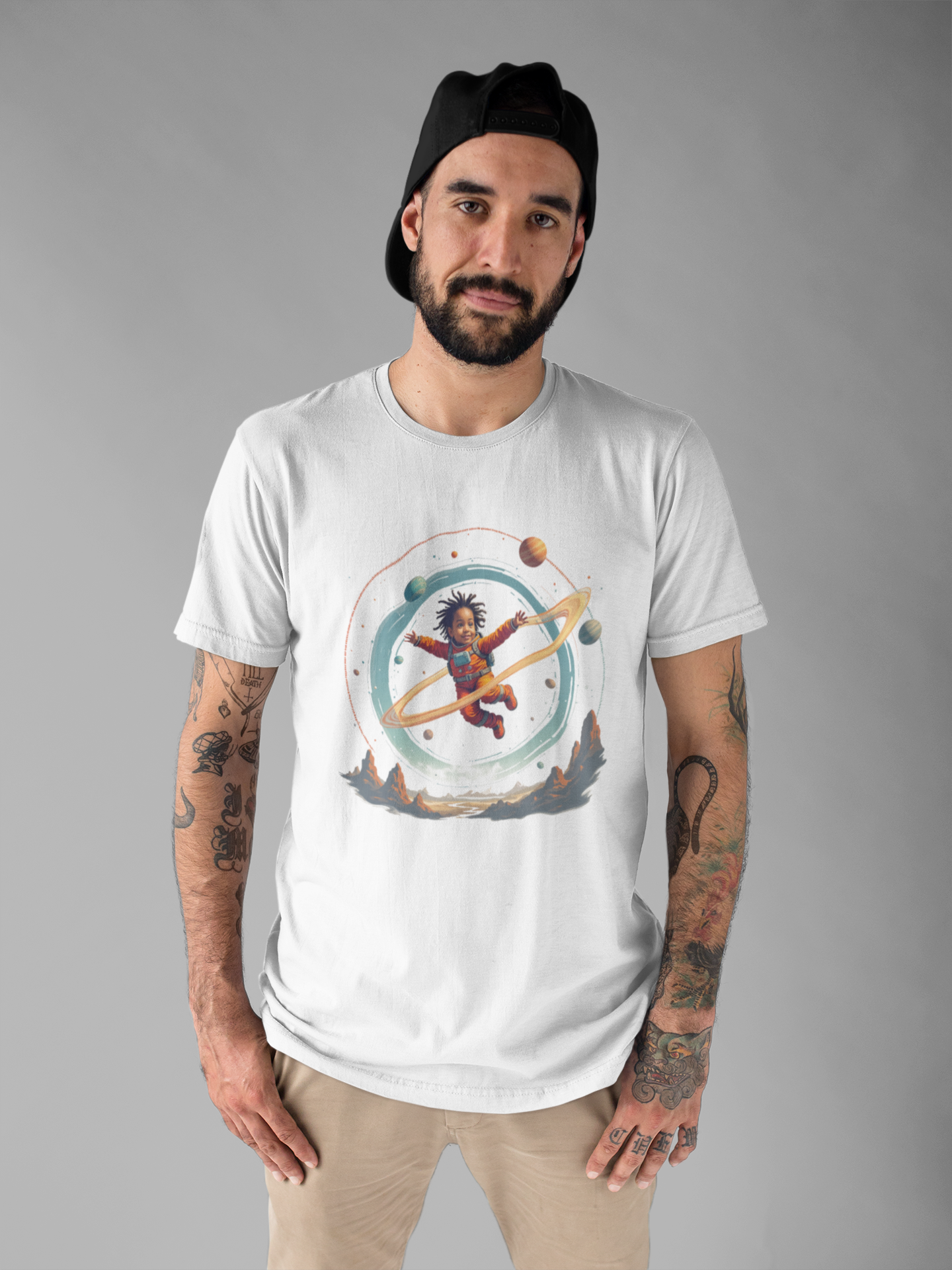 Toddler Flying in Spacesuit with Revolving Planets Space Adventure Graphic T-Shirt