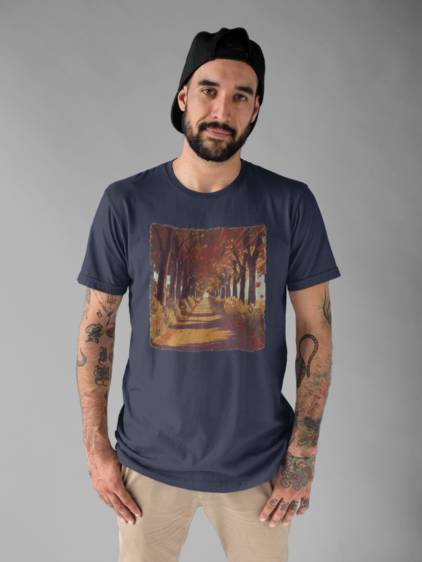 Golden Autumn Glow– Glowing Trees Lining the Road Graphic T-Shirt