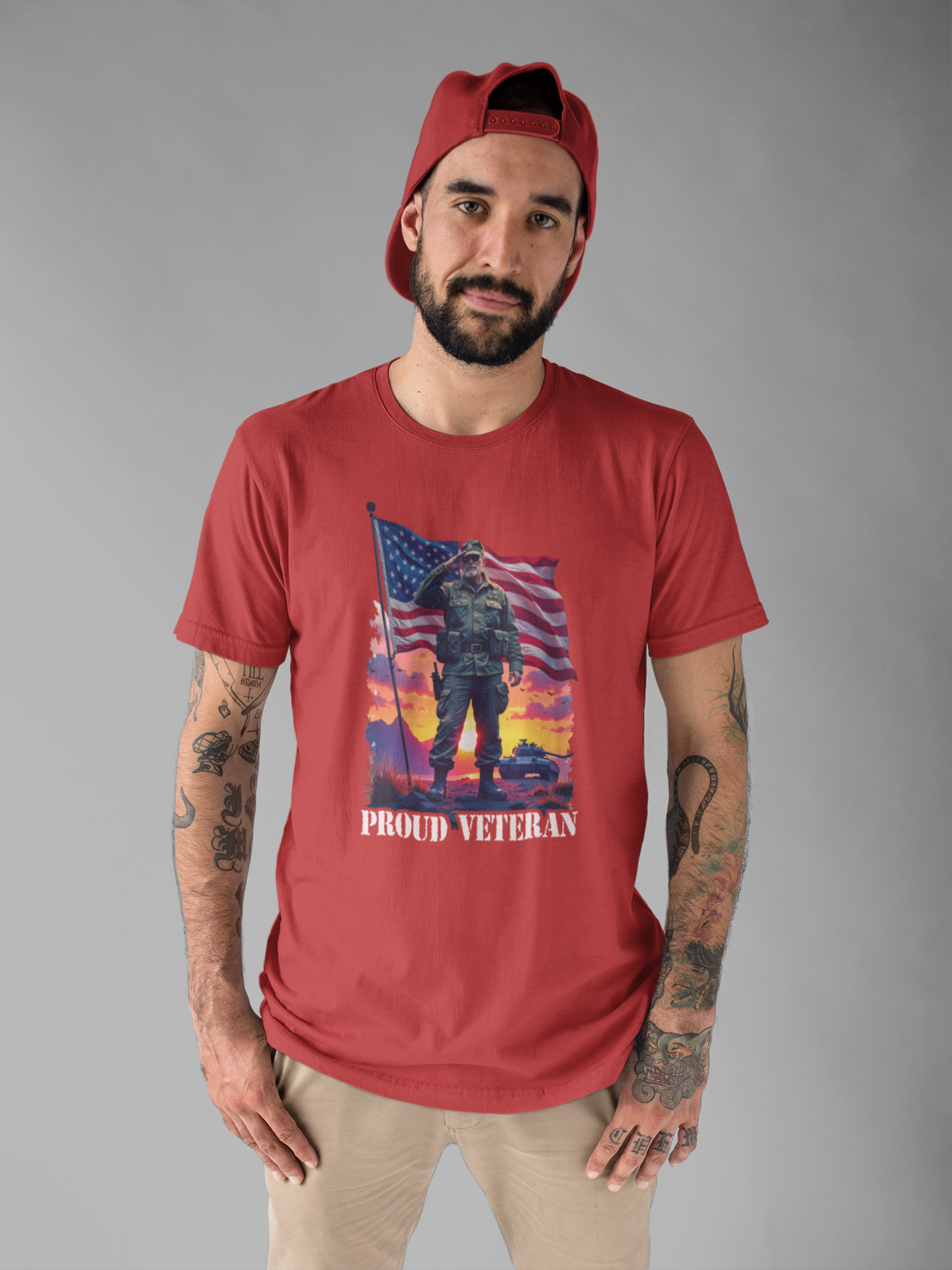 Proud Veteran | US Flag, Saluting Soldier & Tank T-Shirt