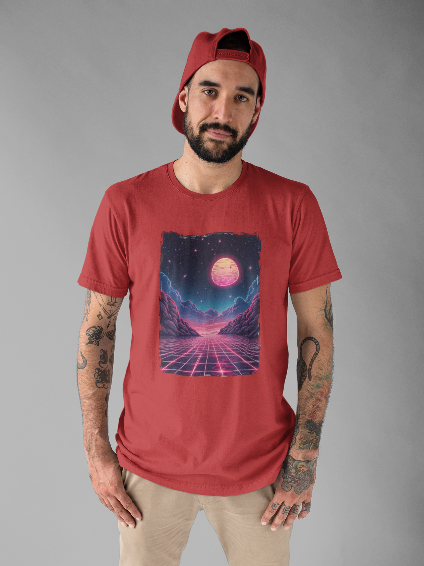 Neon Dream – Full Moon Night Waterfront with Mountains and Glowing Sky Graphic T-Shirt