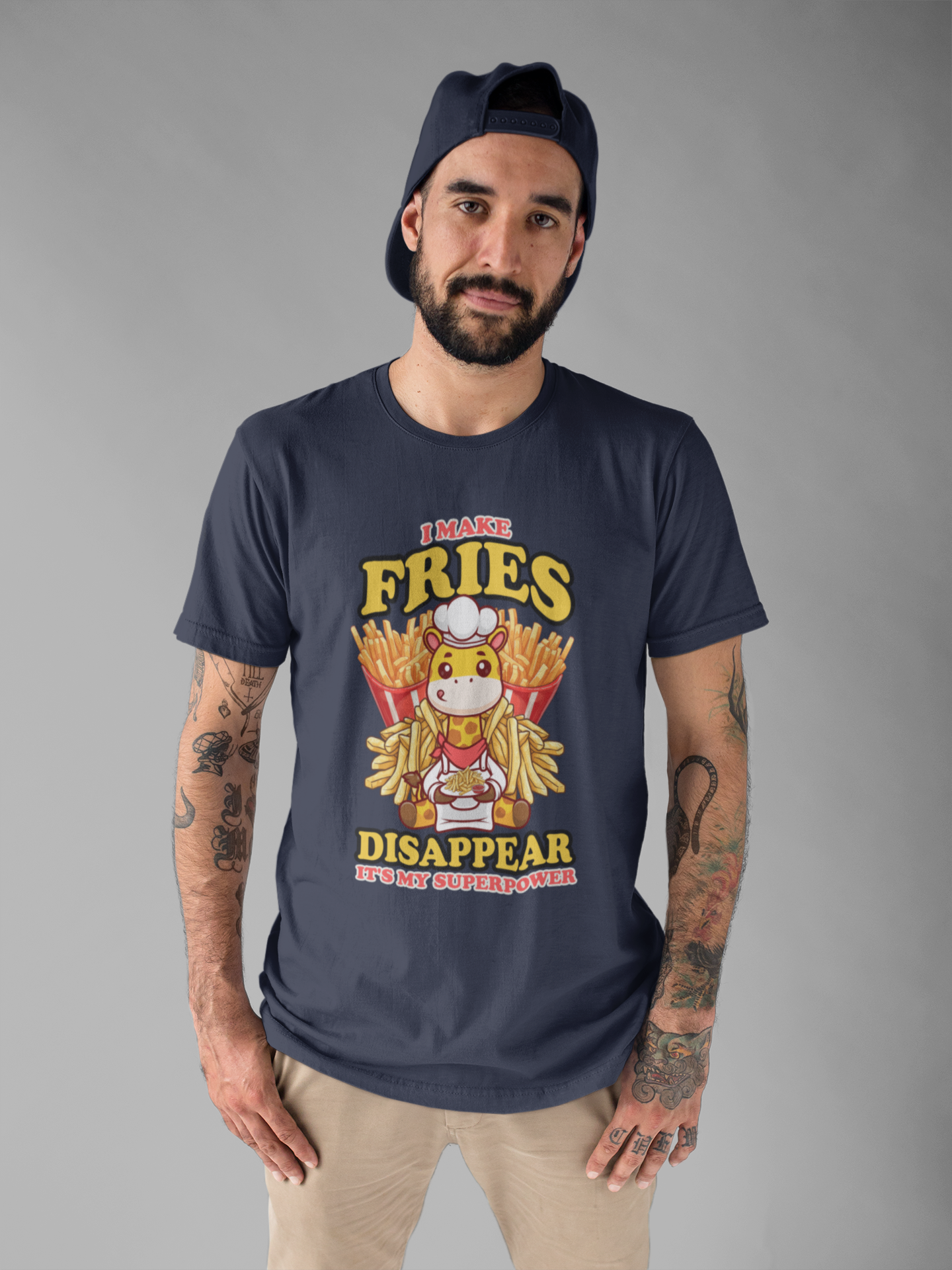 I Make Fries Disappear T-Shirt – Adorable Baby Giraffe Chef With Fries Funny Super Power Graphic Tee